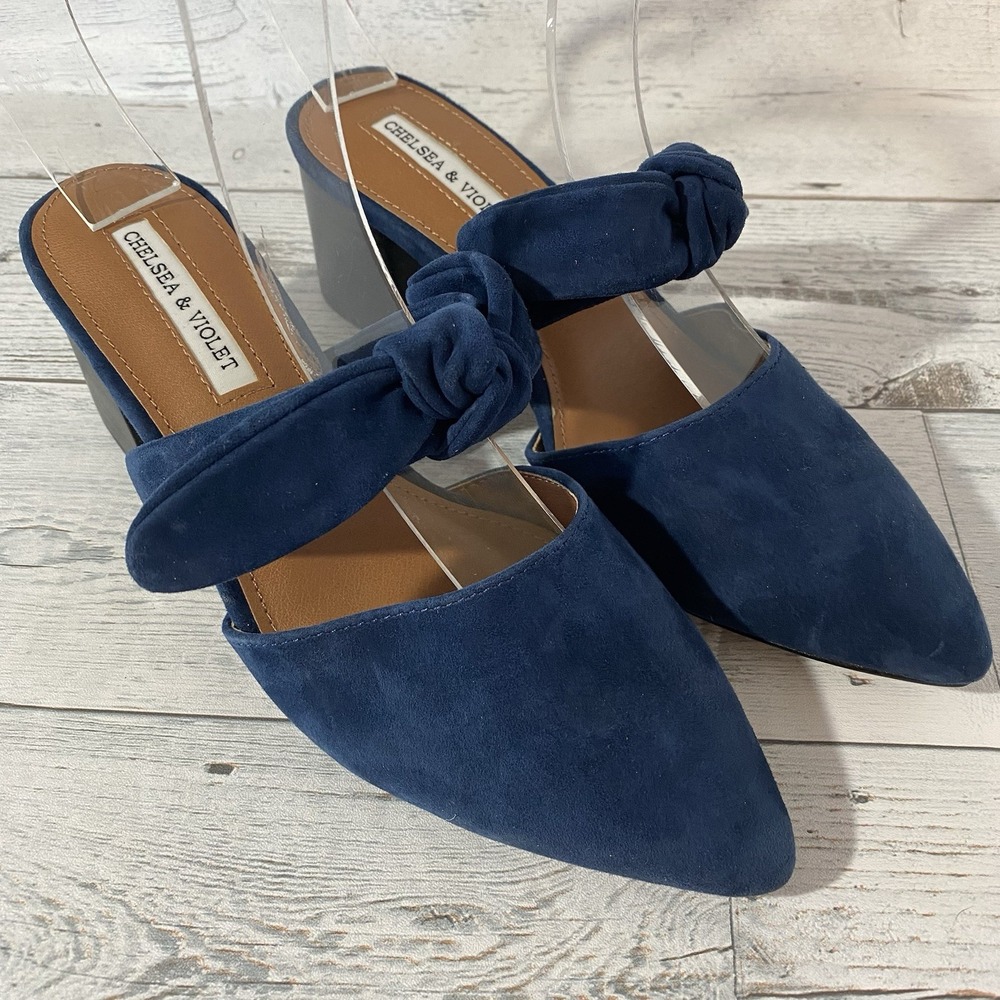 Chelsea & Violet Heels Womens 6 M Blue Molly Suede Leather Mules Bow Chunky Cute